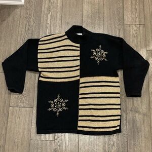 Vintage 90s Black and Gold Stripe Jeweled Holiday Sweater Size L